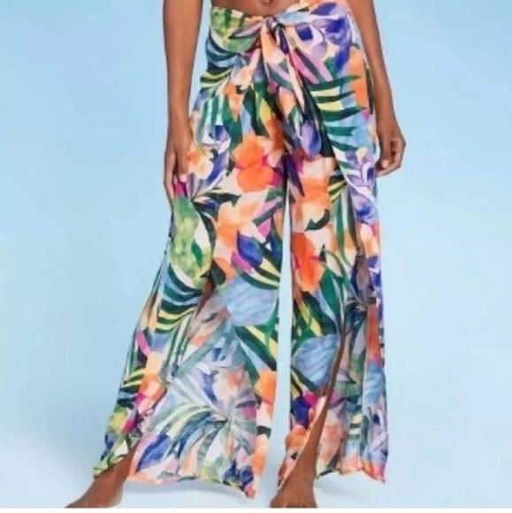 Kona Sole Tie Front Cover Slit Sides Colorful Sz. M Pants Beach Cover-up - Picture 4 of 14